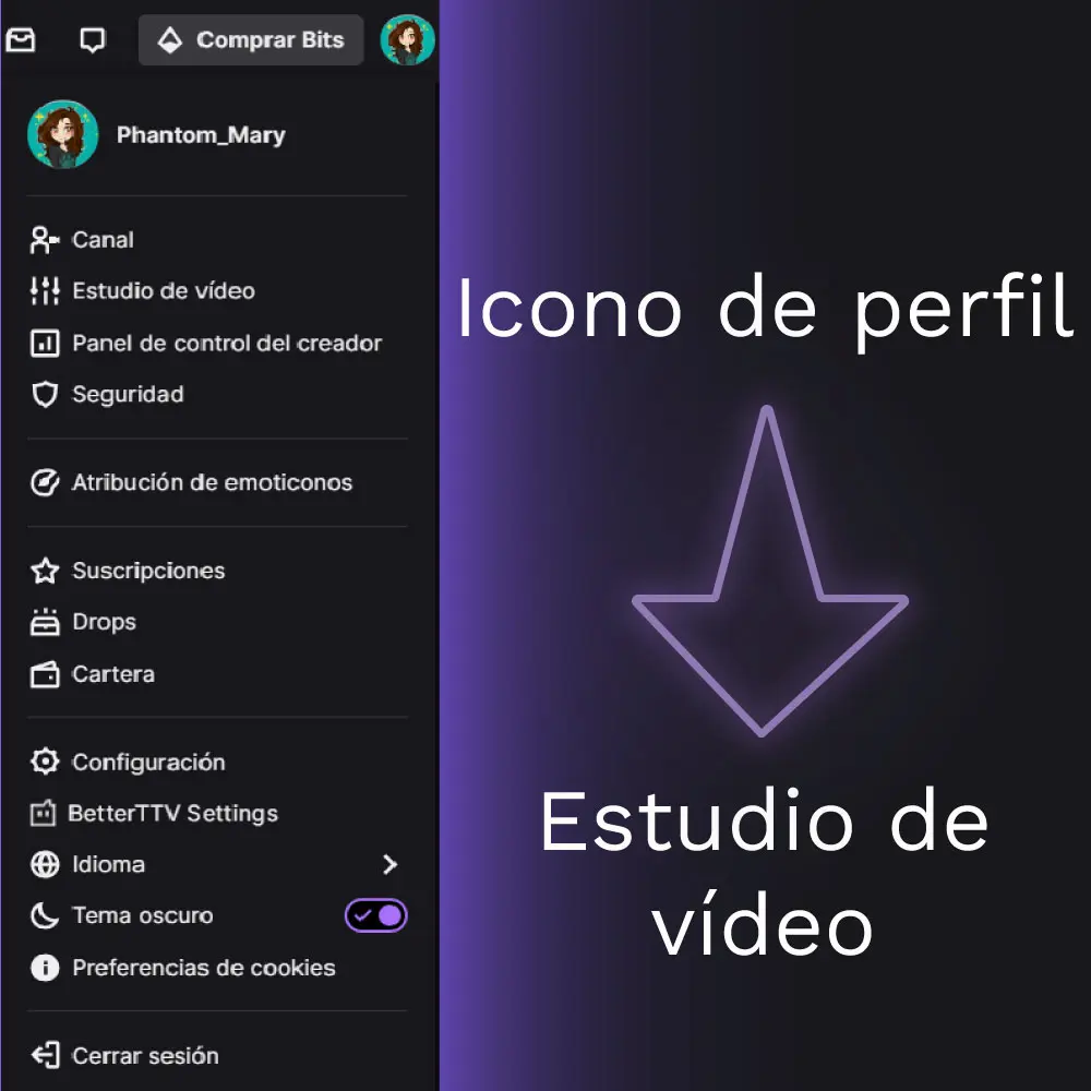 Primer paso para subir un emote a twitch entrar en el icono de perfil pinchar en estudio de video.