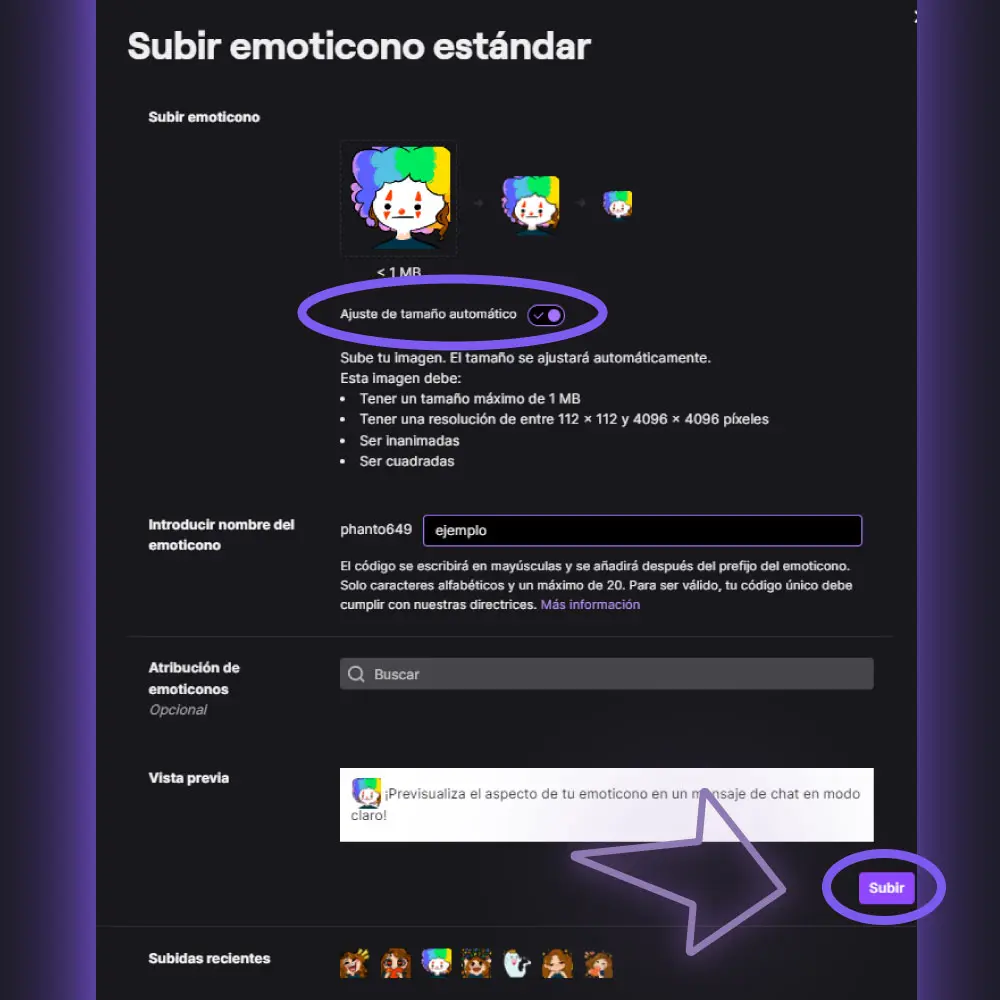 4 Paso para subir el emote nombrarlo y redimensionar su tamaño.