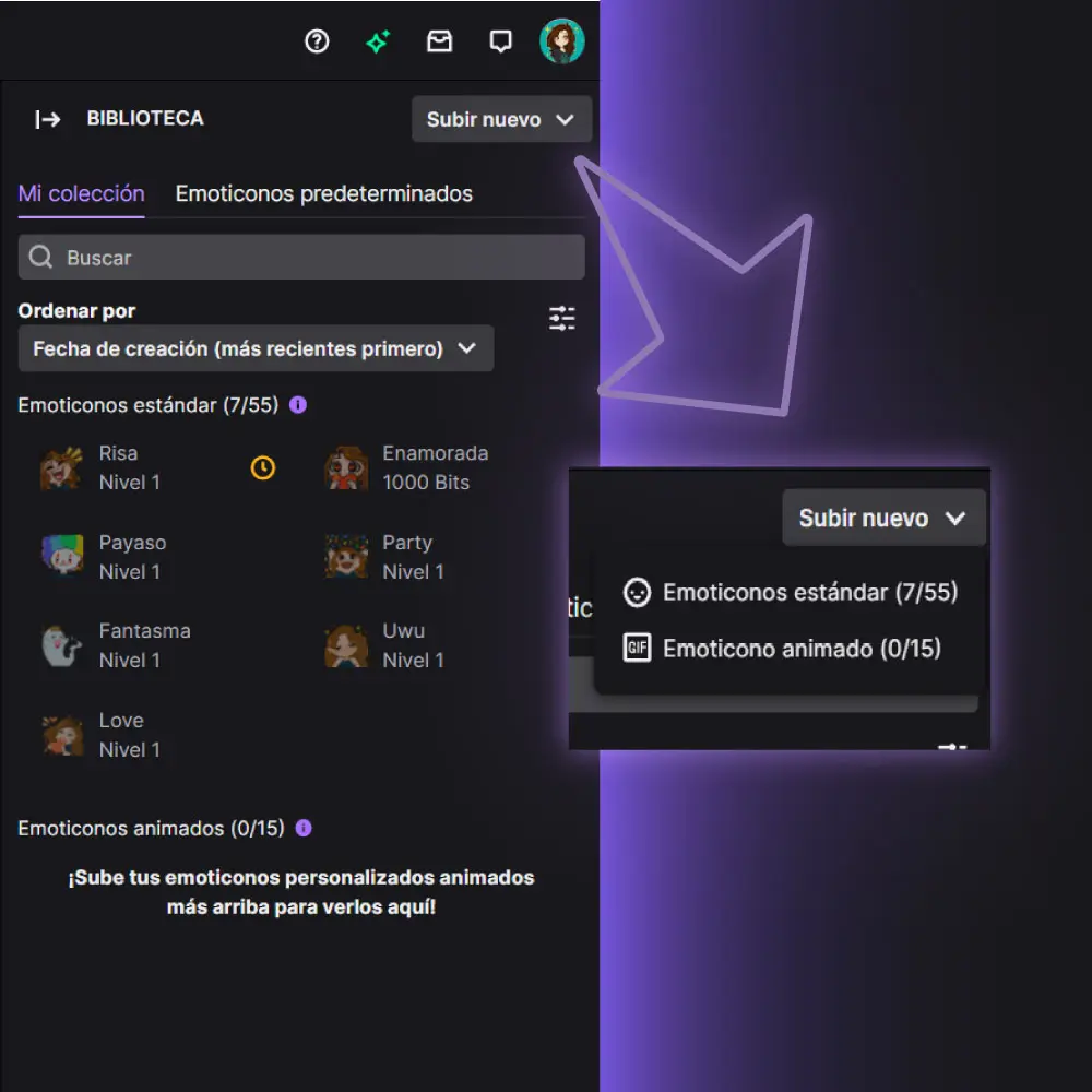 Tercer paso para subir un nuevo emote a Twitch entrando en biblioteca y luego click en subir nuevo emoticono.