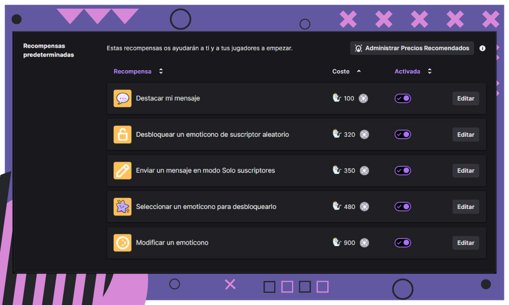 Emotes para puntos de canal predeterminadas y recompensas predeterminadas